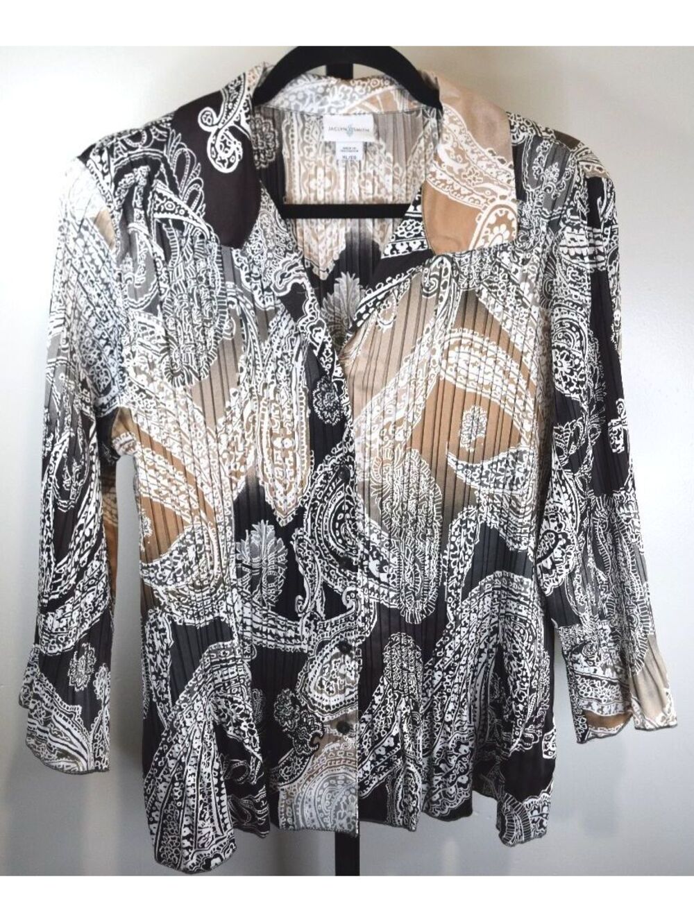 Jaclyn Smith Black Tan White Paisley Print Pleated Button-Up Blouse Long XL